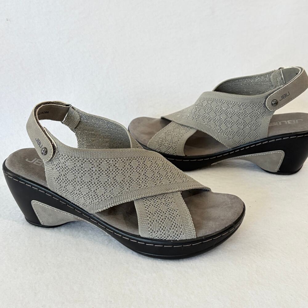 JBU Memory Foam Sandals Women’s 9 M Gray Wedge Heal Slingback Cushioned Peep Toe